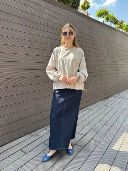 Ceremony 5615 Lacivert Yanı Fermuarlı Denim Etek