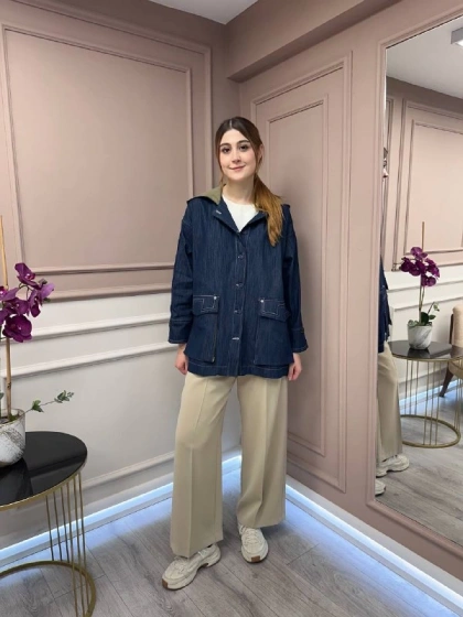 Ceremony 5829 Lacivert Kapişonlu Kolları İşlemeli Denim Kap