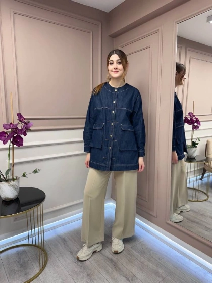 Ceremony 5840 Lacivert Sıfır Yaka Önden Pileli Denim Kap