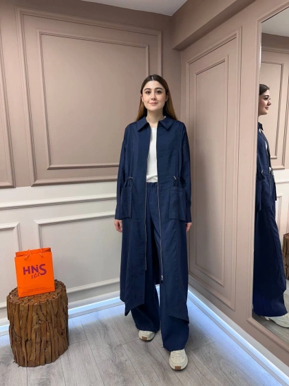 Ceremony 5878 Lacivert Önden Fermuarlı Belden Büzgülü Ceket