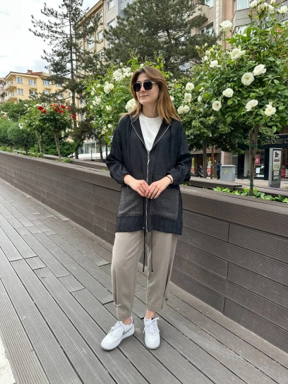 Ceremony 5894 Siyah Cebi Ve Kapüşonu File Detaylı Kısa Kap