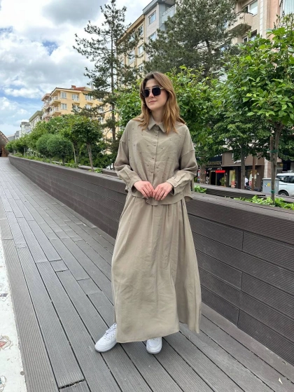 Ceremony 5966 Haki İşlemeli Kısa Gömlek Etekli Takım