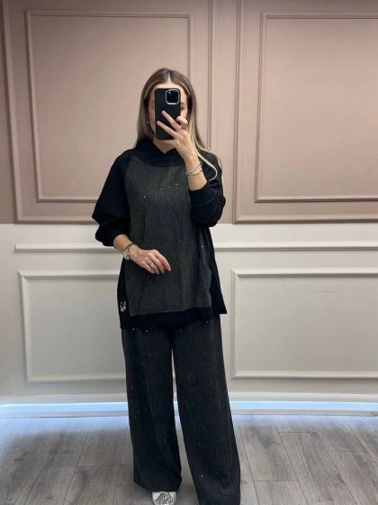 Ceremony 6132 Gri Kadife Pul Detaylı İkili Takım