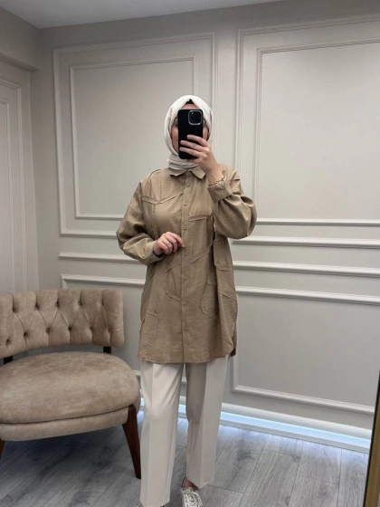 Ceremony 6146 Bej Düğmeli Dikiş Detaylı Gömlek