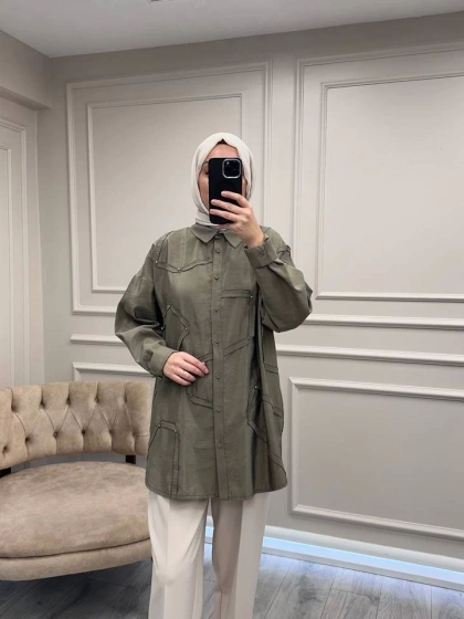 Ceremony 6146 Haki Düğmeli Dikiş Detaylı Gömlek