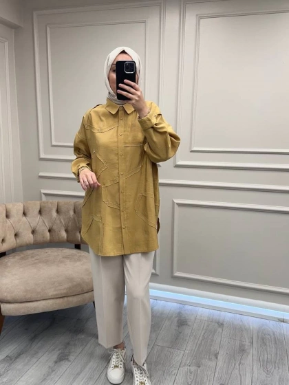 Ceremony 6146 Hardal Düğmeli Dikiş Detaylı Gömlek