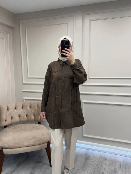 Ceremony 6146 Kahve Düğmeli Dikiş Detaylı Gömlek