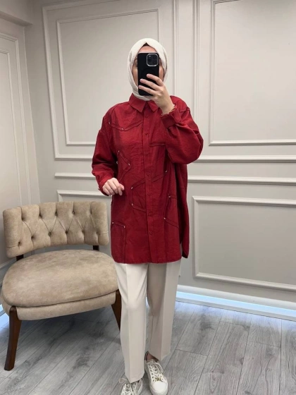 Ceremony 6146 Kırmızı Düğmeli Dikiş Detaylı Gömlek