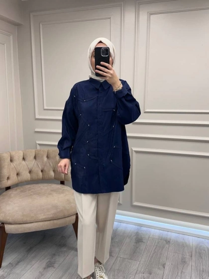 Ceremony 6146 Lacivert Düğmeli Dikiş Detaylı Gömlek