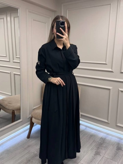 Ceremony 6717 Siyah Kolu Taş Detay Önden Düğmeli Kuşaklı Gömlek Elbise