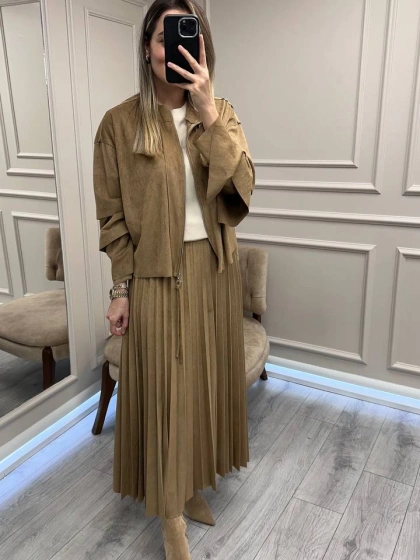 Ceremony 68101 Camel Süet Ceket Etek Takım