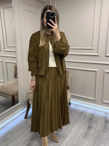 Ceremony 68101 Haki Süet Ceket Etek Takım