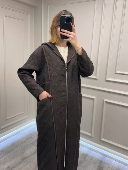 Ceremony 6838 Kahverengi Kapüşonu Fermuar Detaylı Kapitone Kap