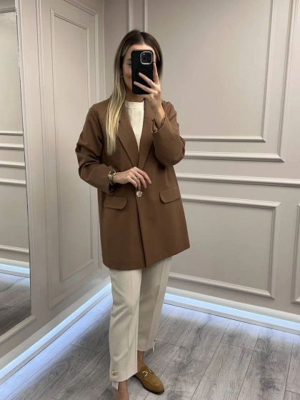 Ceremony 6846 Camel Tek Düğmeli Blazer Çelik Ceket