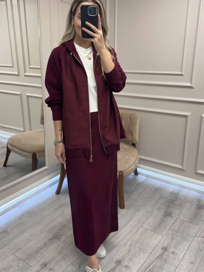 Ceremony 6865 Bordo Önden Fermuarlı Kapüşonlu Ceket