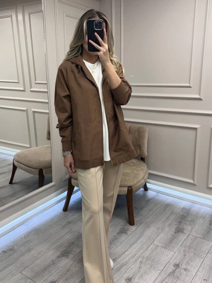 Ceremony 6865 Camel Önden Fermuarlı Kapüşonlu Ceket