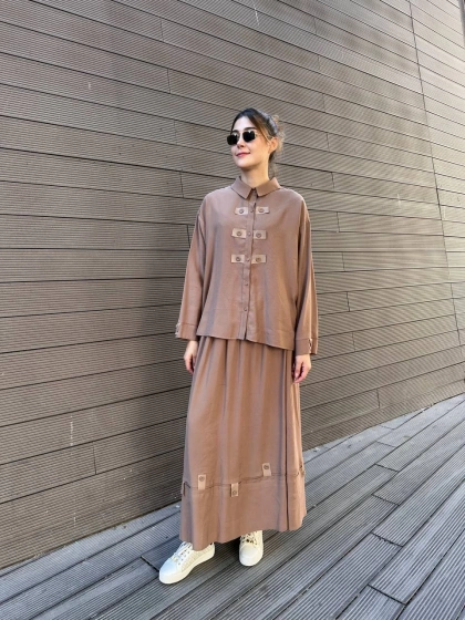 Ceremony 6904 Sütlü Kahve Düğme Detaylı Etekli Takım