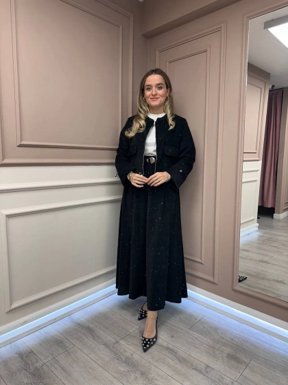 Ceremony 6918 Siyah Kadife Pul Detaylı Etekli Takım