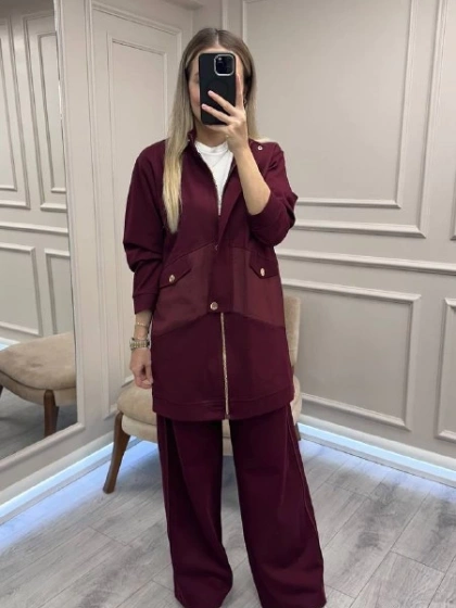 Ceremony 6921 Bordo Önden Fermuarlı Yarım Patlı Ceketli Takım