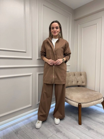 Ceremony 6921 Camel Önden Fermuarlı Yarım Patlı Ceketli Takım