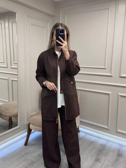 Ceremony 6921 Kahverengi Önden Fermuarlı Yarım Patlı Ceketli Takım