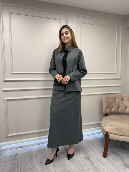 Ceremony 6925 Gri Önü Fermuarlı Etekli Takım