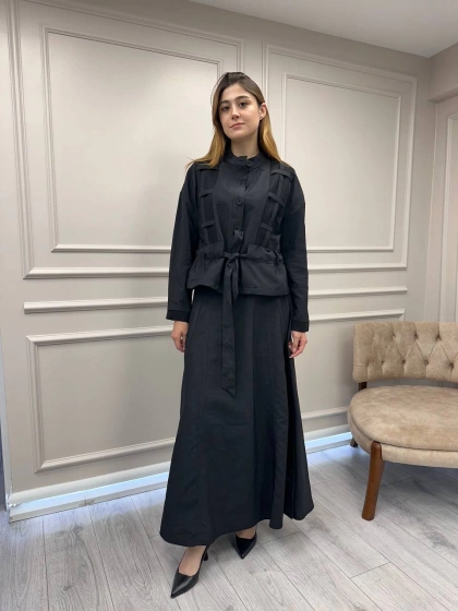 Ceremony 6930 Siyah Ceketi Kafes Detaylı Eteğin Yanları Düğme Detaylı Takım