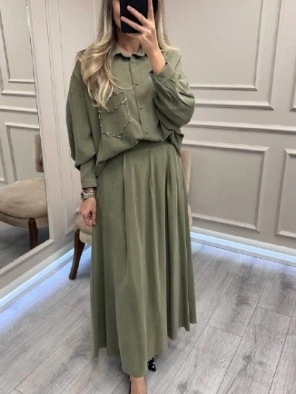Ceremony 6945 Haki Tuniği Boncuk İşlemeli Etekli Takım