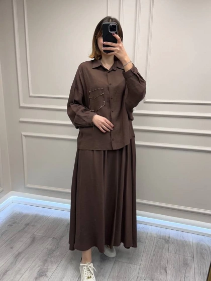 Ceremony 6945 Kahverengi Tuniği Boncuk İşlemeli Etekli Takım