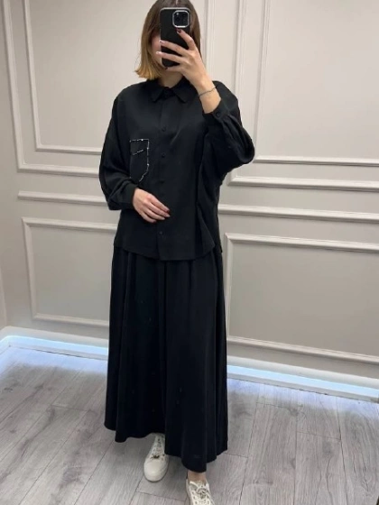 Ceremony 6945 Siyah Tuniği Boncuk İşlemeli Etekli Takım