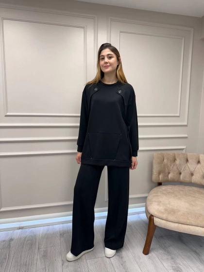 Ceremony 6947 Siyah Kanguru Cepli Taş İşlemeli Takım