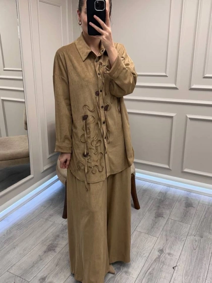 Ceremony 6957 Camel Nakışlı Pantolonlu Takım