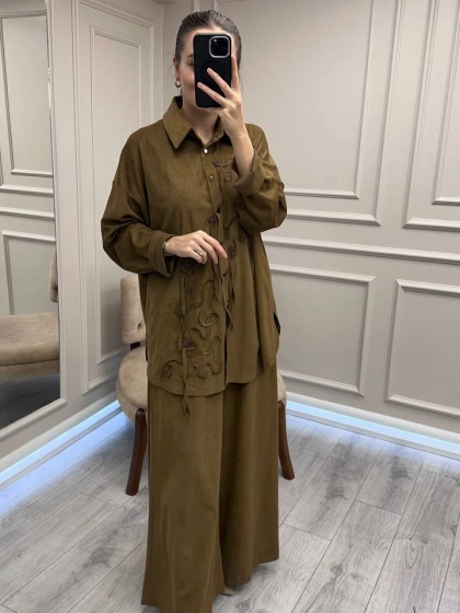 Ceremony 6957 Haki Nakışlı Pantolonlu Takım