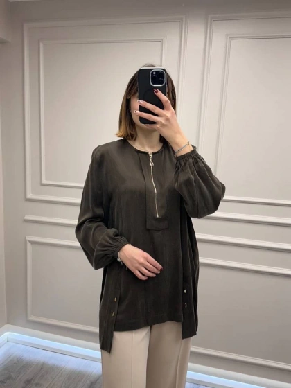 Clande CL25023000 Kahve Önü Fermuarlı Bluz