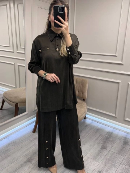 Clande CL25023004 Kahve Düğme Detaylı İkili Takım