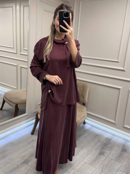 Clande CL25023014 Bordo Yaka Detaylı Etekli Takım