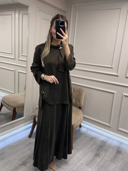 Clande CL25023014 Kahve Yaka Detaylı Etekli Takım