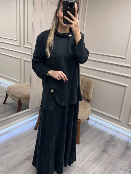 Clande CL25023014 Siyah Yaka Detaylı Etekli Takım