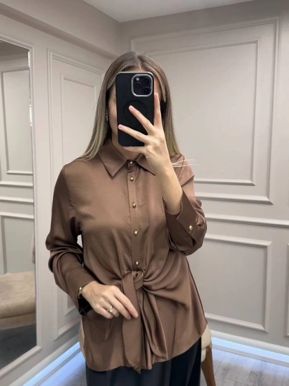 Clande CL25023015 Kahve Bağlama Detaylı Gömlek