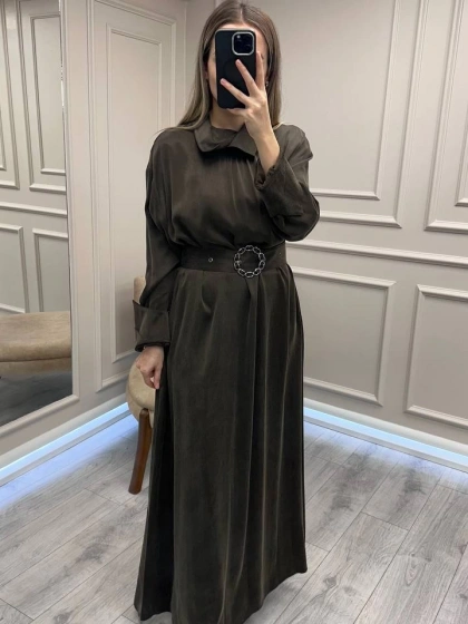 Clande CL25025001 Kahve Yaka Detaylı Elbise