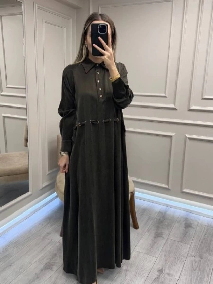 Clande CL25025007 Kahve Bel Detaylı Elbise