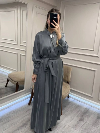 Clande CL25025011 Antrasit Broş Detaylı Elbise