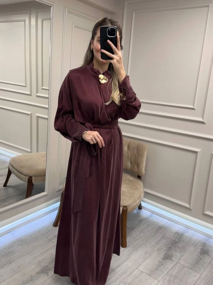 Clande CL25025011 Bordo Broş Detaylı Elbise