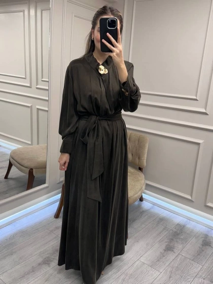 Clande CL25025011 Kahve Broş Detaylı Elbise
