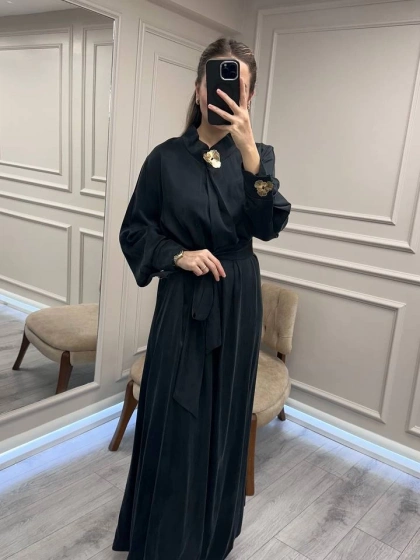 Clande CL25025011 Siyah Broş Detaylı Elbise