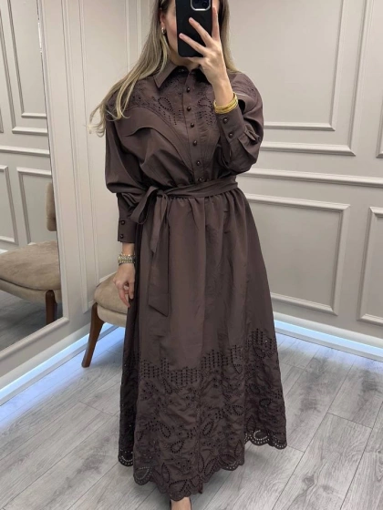 Clande CL25025023 Kahve Brode Detaylı Elbise