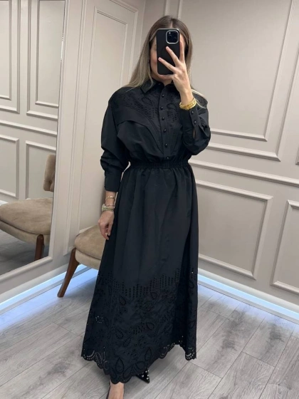 Clande CL25025023 Siyah Brode Detaylı Elbise