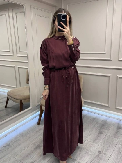 Clande CL25055006 Bordo Yaka Detaylı Elbise