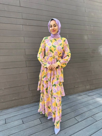 Cloche CL3023 Sarı Kemerli Çiçek Desenli Elbise