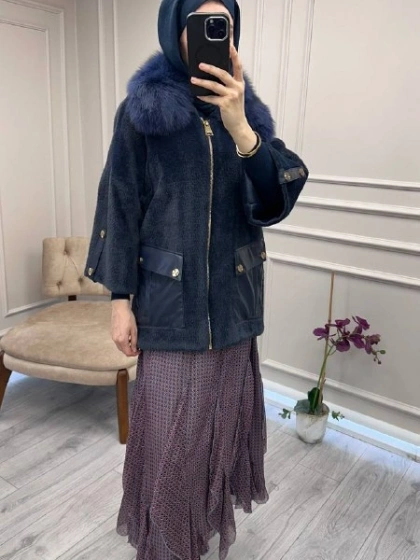 Etrucci 7072 Lacivert Deri Cepli Angora Kap